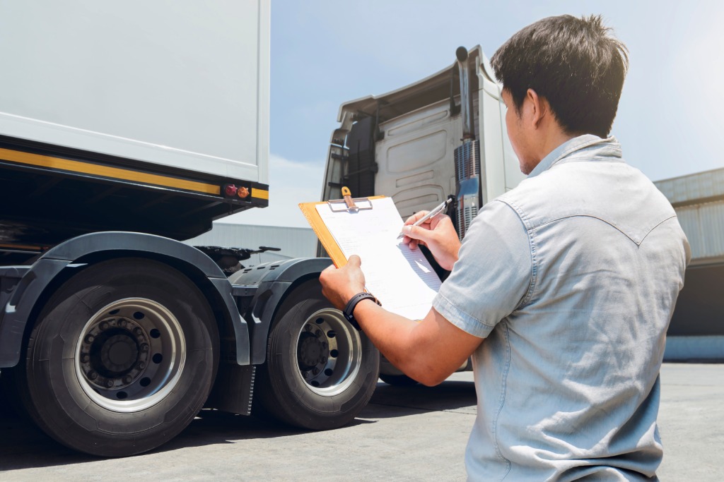 Truck Driver Holding Clipboard is Checking the Truck's Safety Maintenance Checklist. Mechanic Repairman Shop. Inspection of Semi Truck Wheels Tires.Shipping Cargo Freight Truck Transport Logistics.