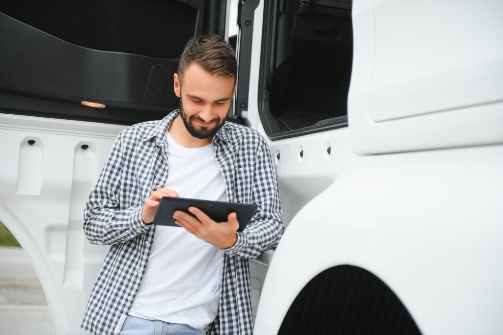 Un camionero joven y guapo está de pie con una tableta cerca del camión.