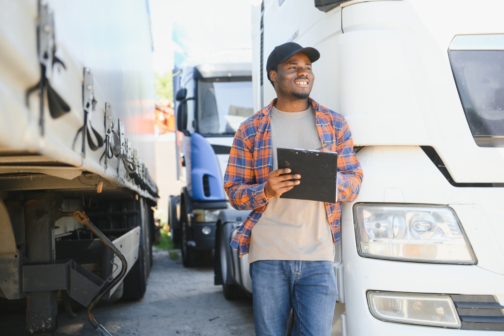 African American truck dispatcher inspecting a vehicle on a parking lot.