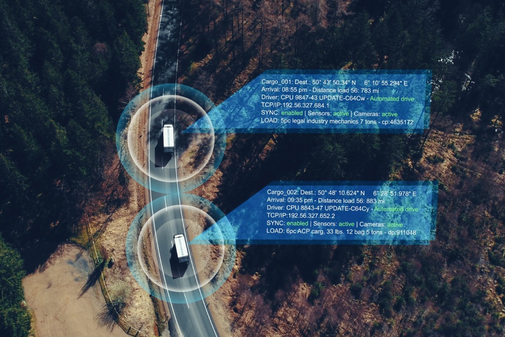 Autonomous Electric Van semi truck car driving on a highway with technology assistant tracking information, showing details. Visual effects clip