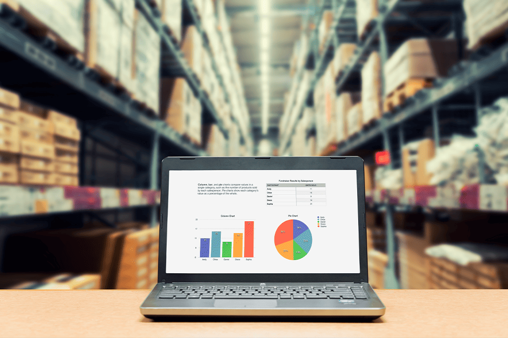 Storage warehousing. Laptop showing charts in front of storage. Logistics.